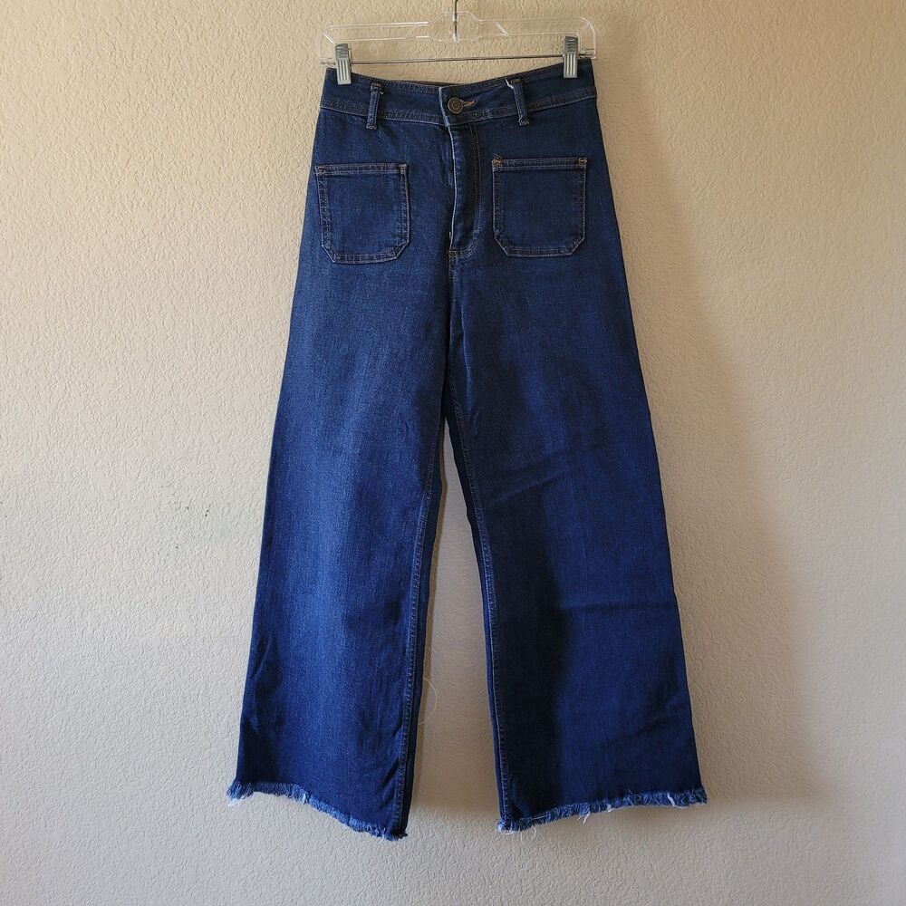 Zara Jeans Womens 6 Blue The Marine Wide Leg Pocket High Rise Denim Full Length